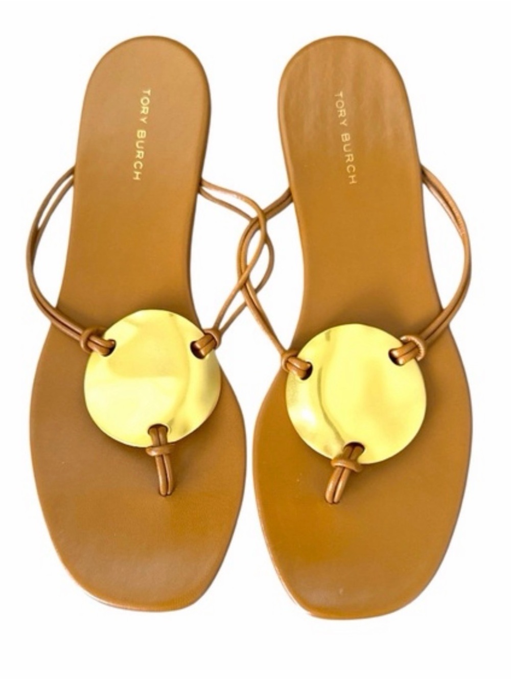 Tory Burch Tan Leather Thong Sandals with Gold Disc